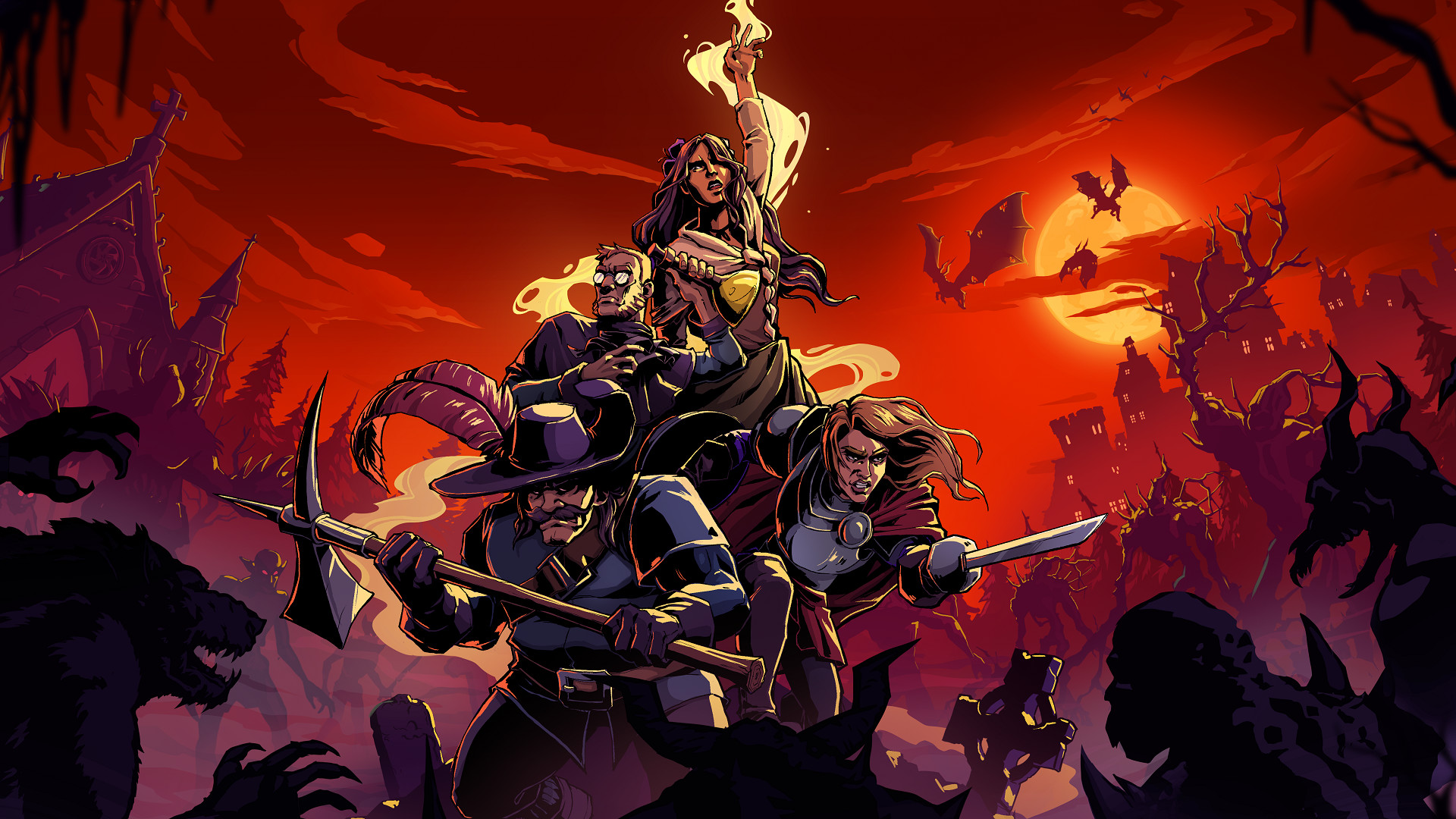 Hexxen: Hunters keyart of four characters surrounded by undead.
